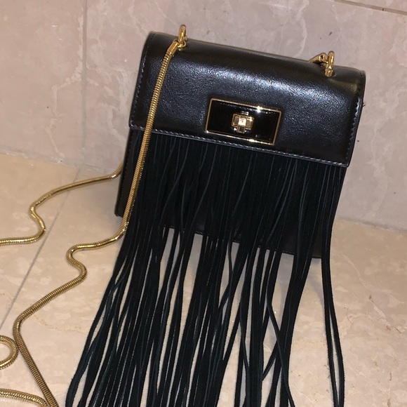 Black Velvet Fringe Gold Strap Bag - Picture 7 of 7